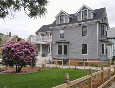 exterior with blooming rhododendron